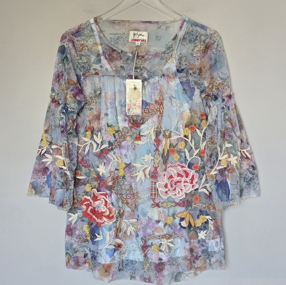 NWT Johnny Wash Flora Dancer Mesh Floral Embroidered Sheer Top Size XS - Picture 15 of 15